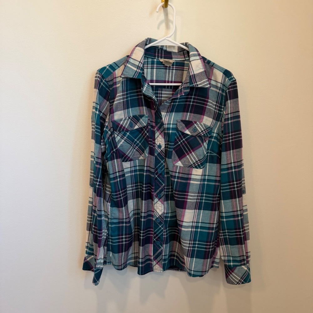Duluth Trading Co Flannel Shirt Teal Purple Plaid Button Down L Cozy Womens Fall